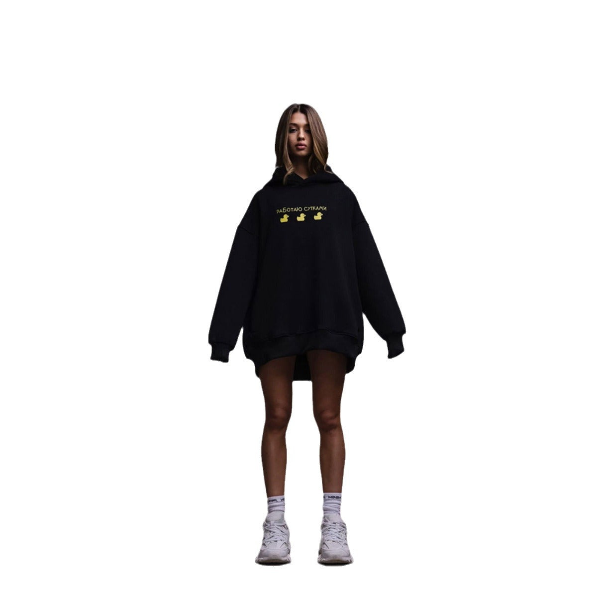 Medium and long hooded sweater, European, American autumn and winter women's three ducks printed loose casual hooded sweater