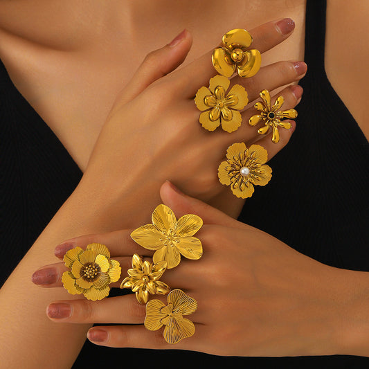 Malt stainless steel non-fading flower rings female three-dimensional opening design ring exaggerated European and American jewelry
