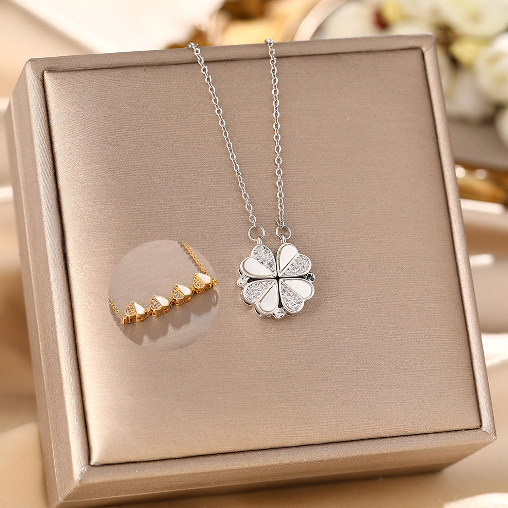 The Korean version of the live broadcast titanium steel necklaces for women wears more four-leaf clover magnetic zircon pendant high-end collarbone chain jewelry.