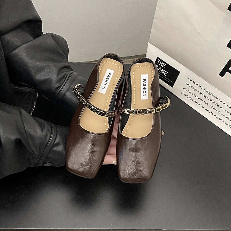 French bag head half slippers women's outer wear  spring and summer new Korean version square head flat bottom one pedal Mary Jane single shoes