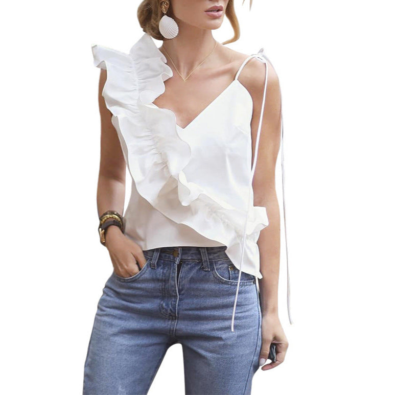 New summer European and American women's clothing suspender V-neck ruffle edge decorative top shirts  t-shirts