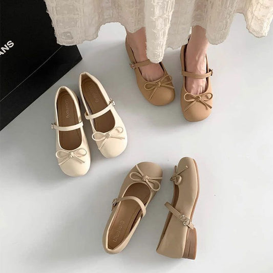 Gentle French Mary Jane Shoes Women's  Spring and Summer New Bow Comfortable Flat Heel Leather Shoes Small Single beanie Shoes Women's Trend