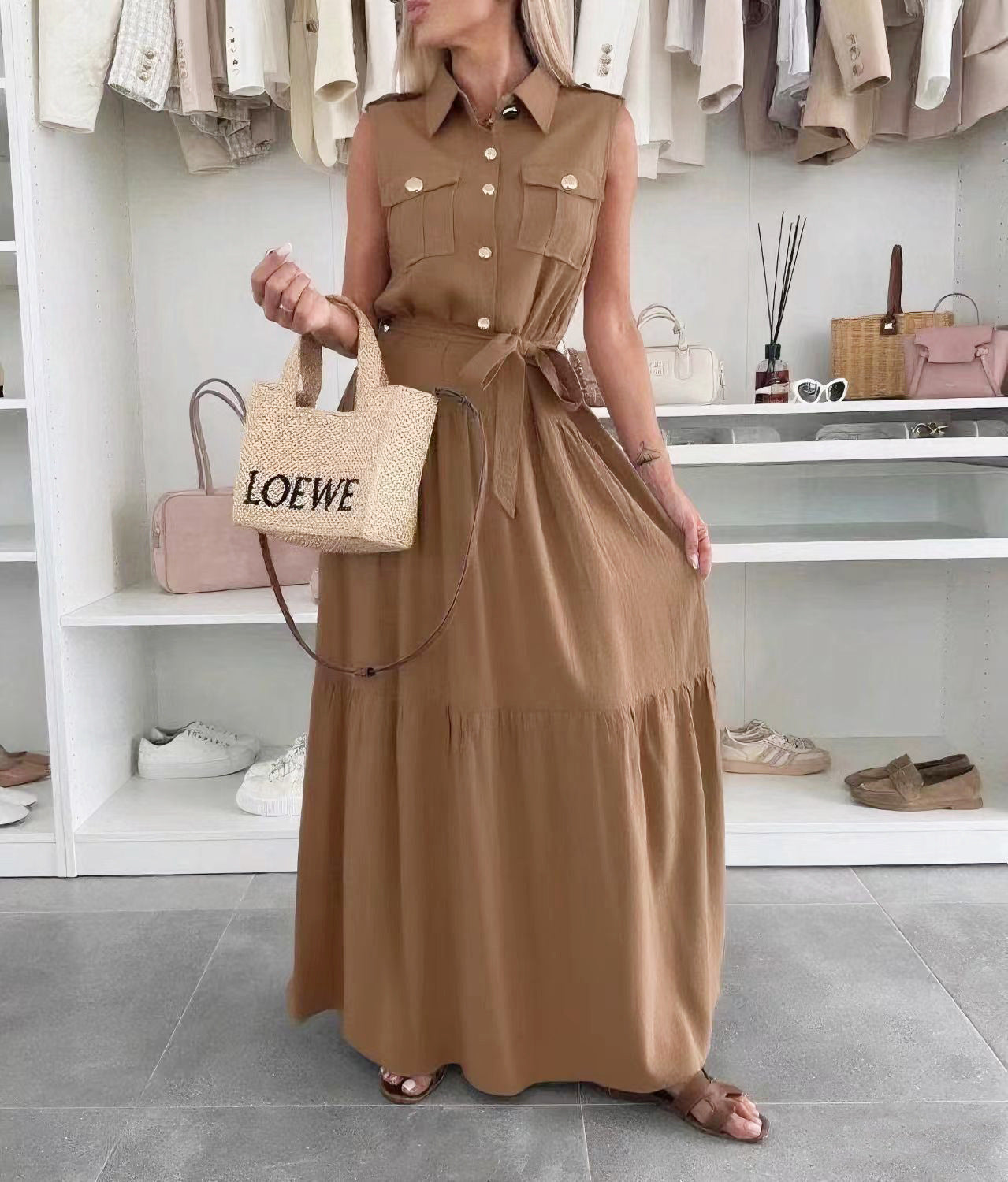 Summer European and American cross-border temperament commuter office dress solid color shirt collar single-breasted dress