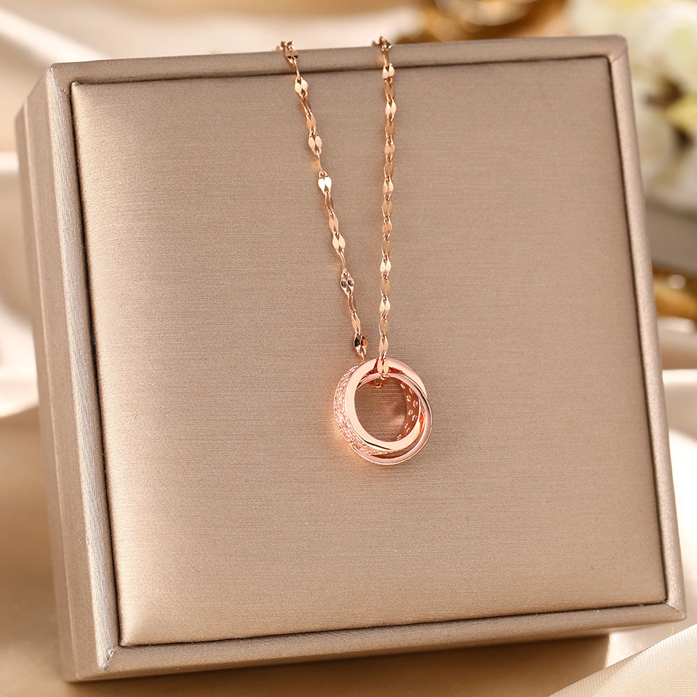 Japan and South Korea cross-border titanium steel necklace femininity versatile ring interlocking double ring micro-inlaid diamond short collarbone chain jewelry