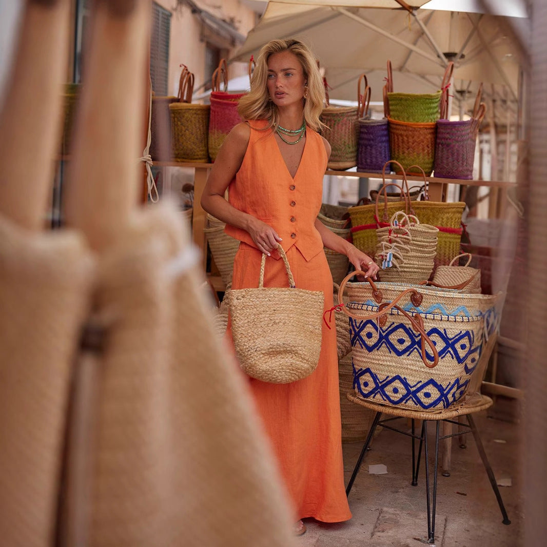 Cotton and linen vest skirt suit women's European and American summer new vest + large swing skirt casual suits