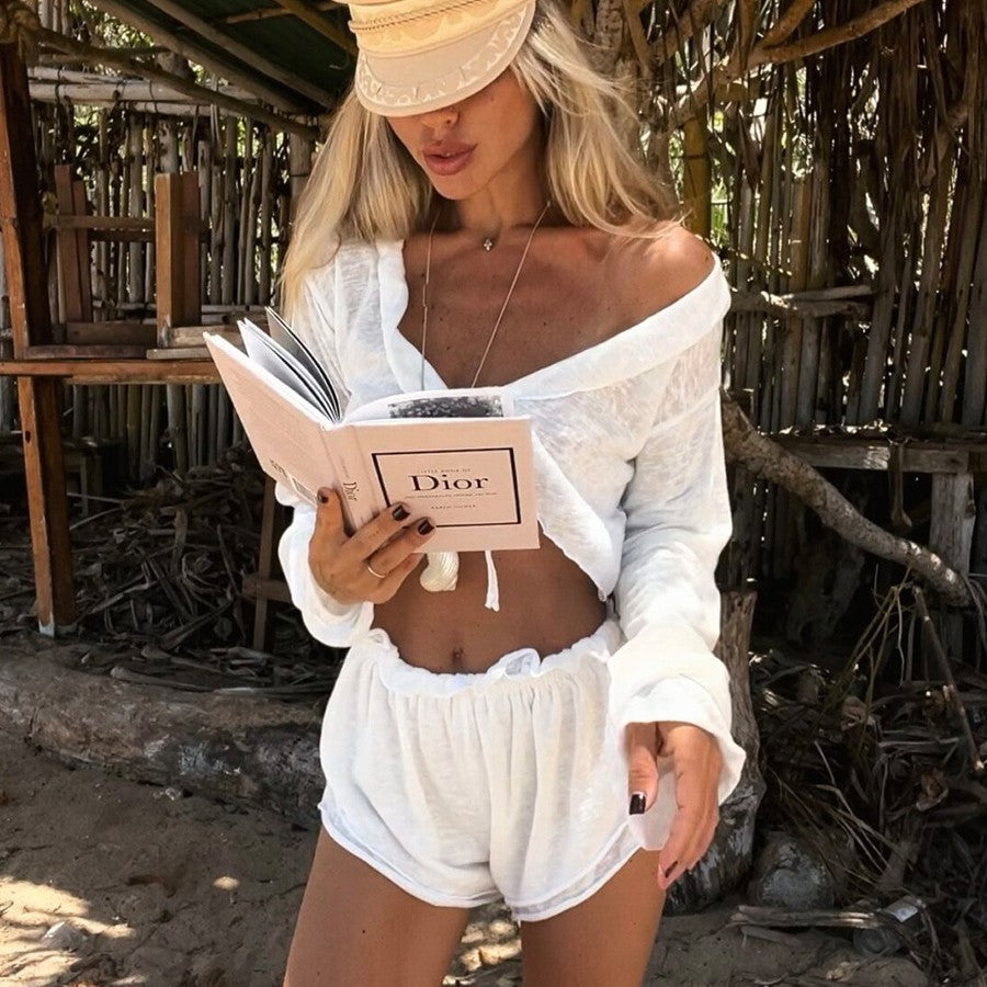 Cross-border lace-up cardigan shorts pajamas set European and American summer new knitted pajamas comfortable loungewear women suits   suit