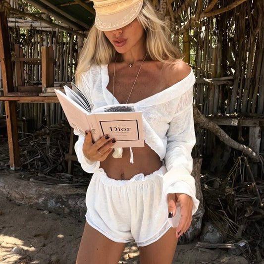 Cross-border lace-up cardigan shorts pajamas set European and American summer new knitted pajamas comfortable loungewear women suits   suit