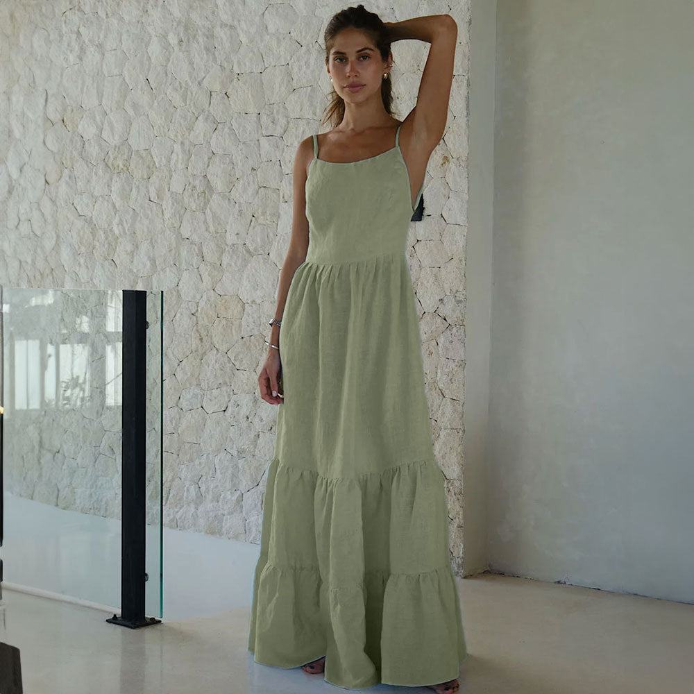Suspender dress European and American hot sexy backless strap super long cake dress suspender dress