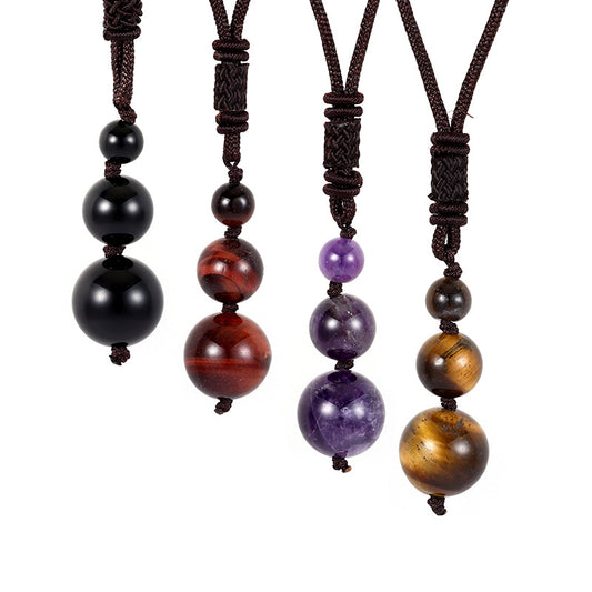European and American fashion accessories 16MM natural amethyst pendant necklace red tiger's eye stone obsidian necklace men's and women's jewelry