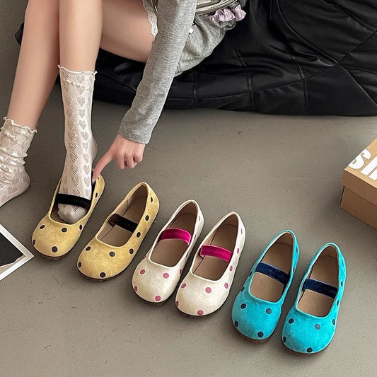 Shallow mouth Mary Jane single shoes children's spring and summer  new fairy wind ballet polka dot flat beanie shoes