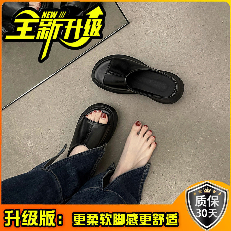 Internet celebrity explosion round head high heel one-word drag women wear  summer new heightening non-slip super soft cool slippers