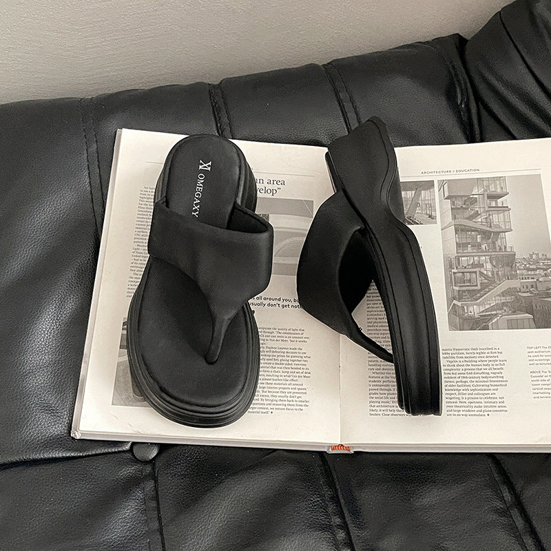 Internet celebrity  thick-soled flip-flops women's spring and summer  new French heightening non-slip cool slippers tide