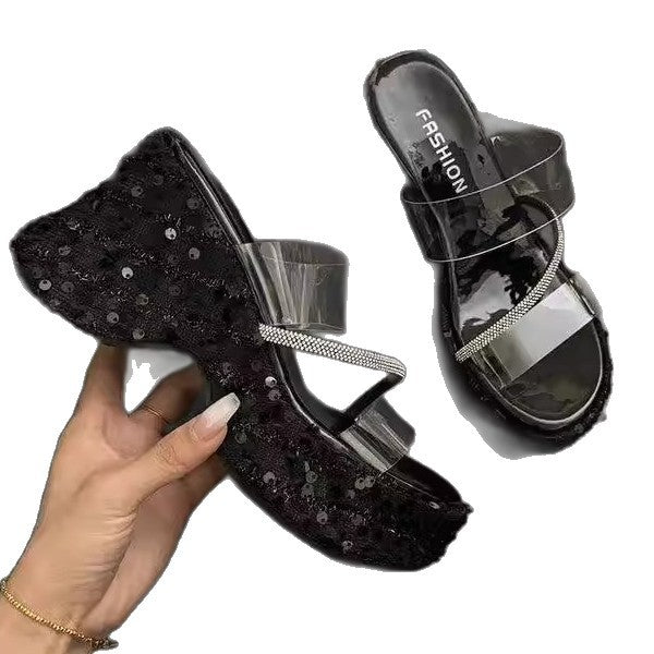 Thick-bottomed wedge slippers women's  new summer outer wear fashion sequins transparent one-word set toe high-heeled sandals women