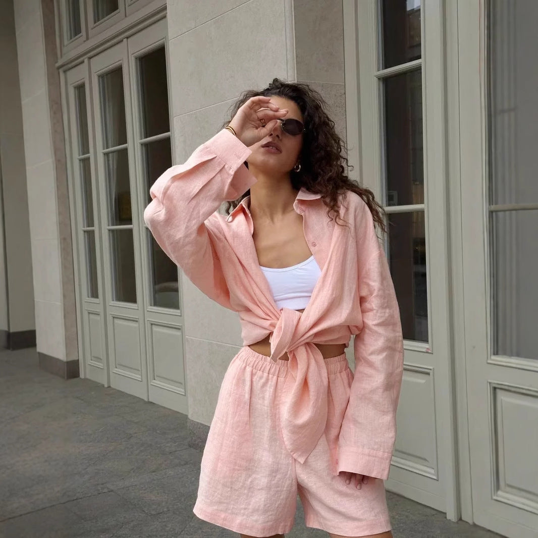 Pure cotton cardigan long-sleeved shorts set spring and summer outer wear simple solid color European and American style casual suits women