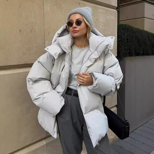 Padded jacket women's winter European and American new padded jacket loose padded jacket solid color hooded padded coat jackets