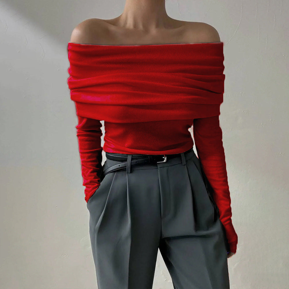 Cross-border new European and American style one-word shoulder temperament open shoulder design sense slim and thin chest-wrapped knitted sweater women