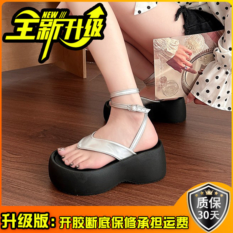 Small black strap-on toe platform sandals women's  fashion heightened wedge heel pinch Roman shoes sandals  slippers