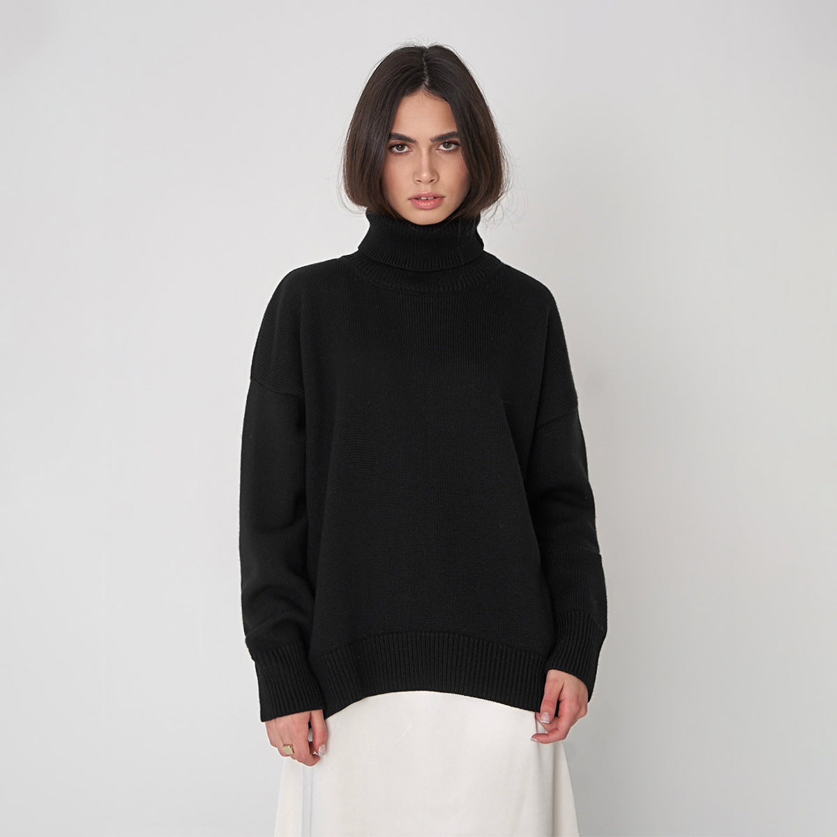 Cross-border solid color turtleneck sweater European, American autumn and winter loose knitted sweater Ins Amazon pullover women