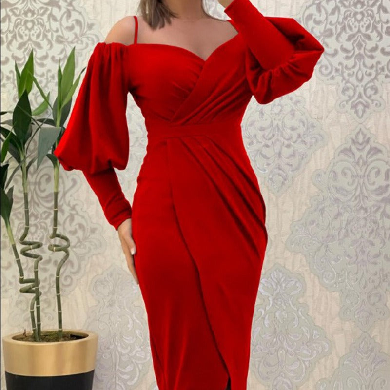 European and American cross-border new suspender one-word neck lantern long-sleeved waist pleated dress