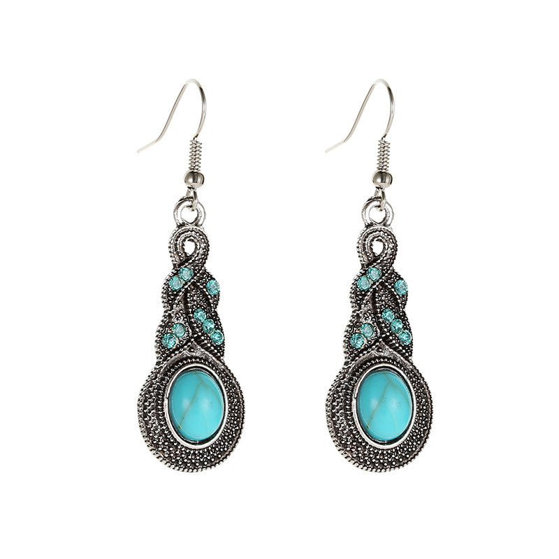 Europe and the United States new fashion retro suit blue crystal inlaid turquoise earrings hot Bohemian personality earrings