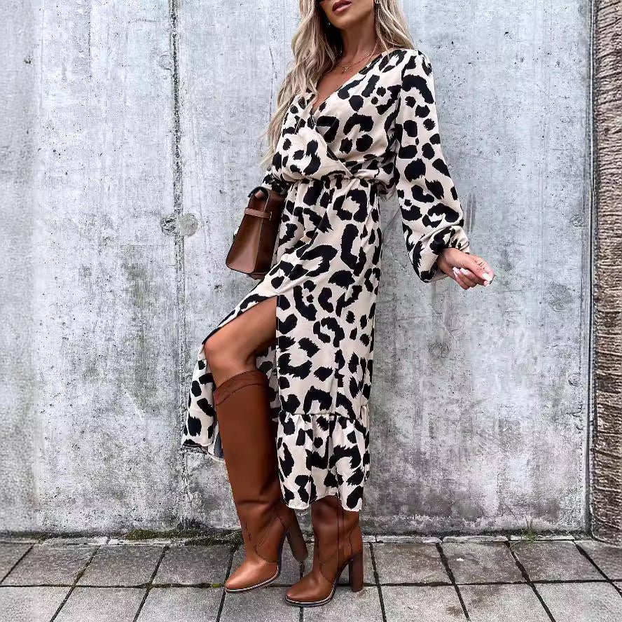 Cross-border European and American foreign trade women's clothing autumn and winter new temperament slim-fitting pullover printed dress