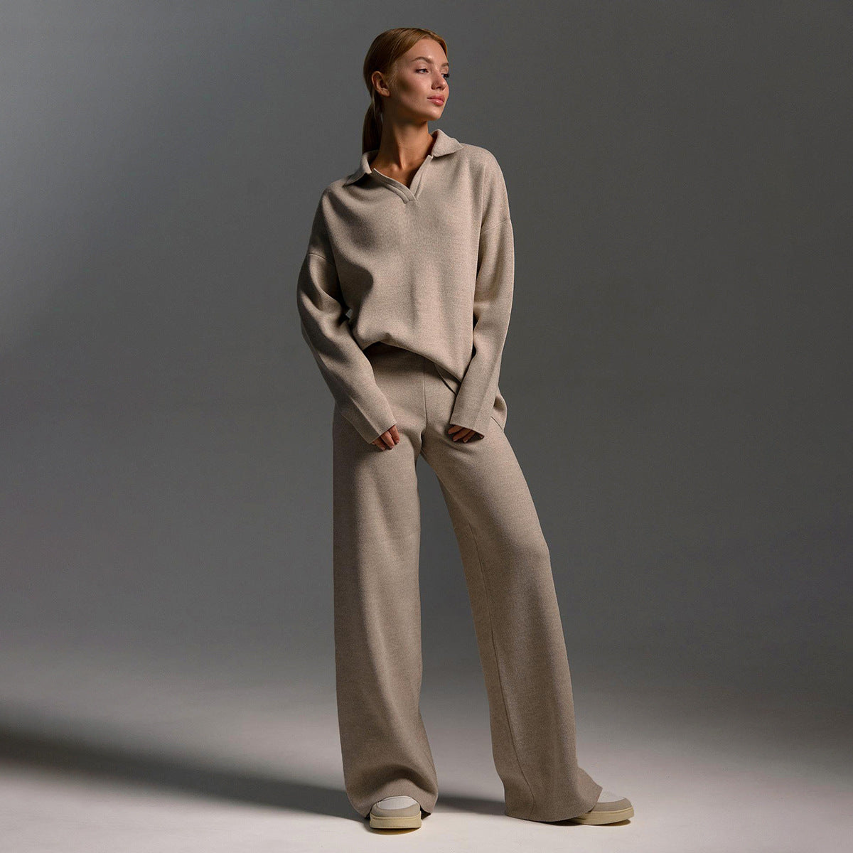 Knitted set European and American autumn and winter sweater set Polo neck knitted jumper + wide-leg trousers two-piece set  suits