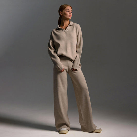 Knitted set European and American autumn and winter sweater set Polo neck knitted jumper + wide-leg trousers two-piece set  suits
