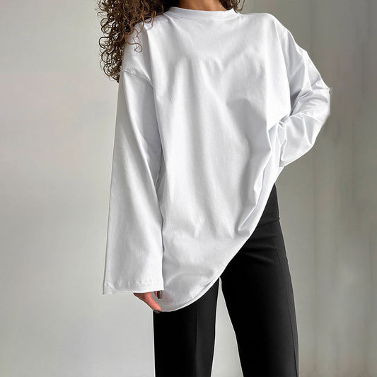 Pure cotton T-shirt women's European and American cross-border spring new loose solid color Oversize round neck long-sleeved t-shirts