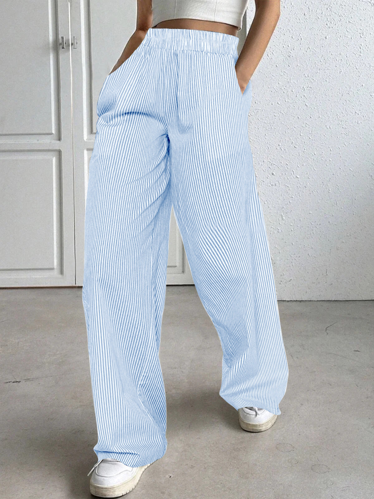 European and American striped wide-leg casual street straight high-waisted women's trousers  pant