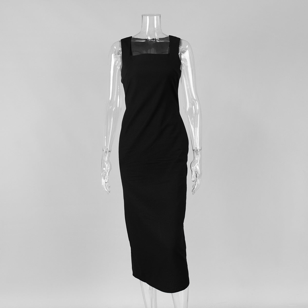 Cross-border simple solid color square neck suspender dress, European and American summer new slim cotton and linen long dress