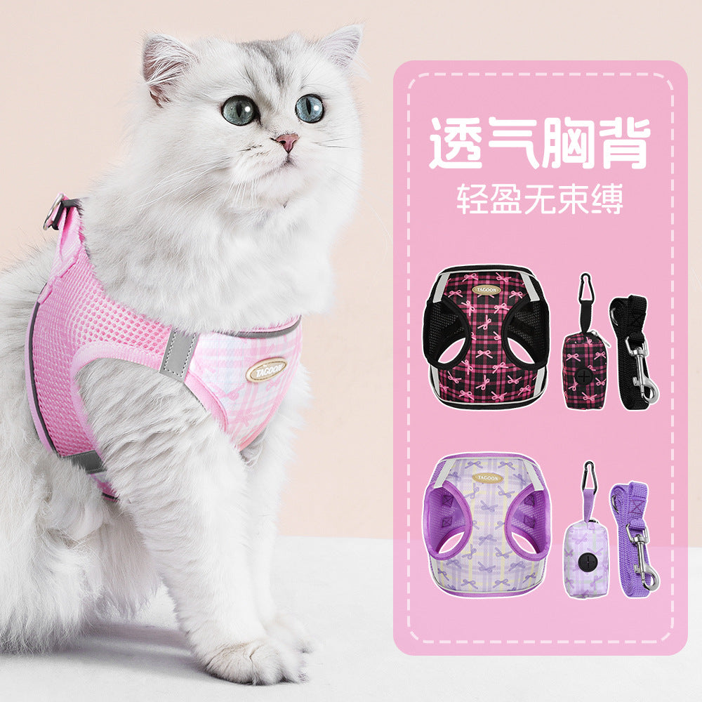 Cross-border popular cat traction rope, bow print cute cat chest and back anti-break free kitten traction rope spot  cat toy