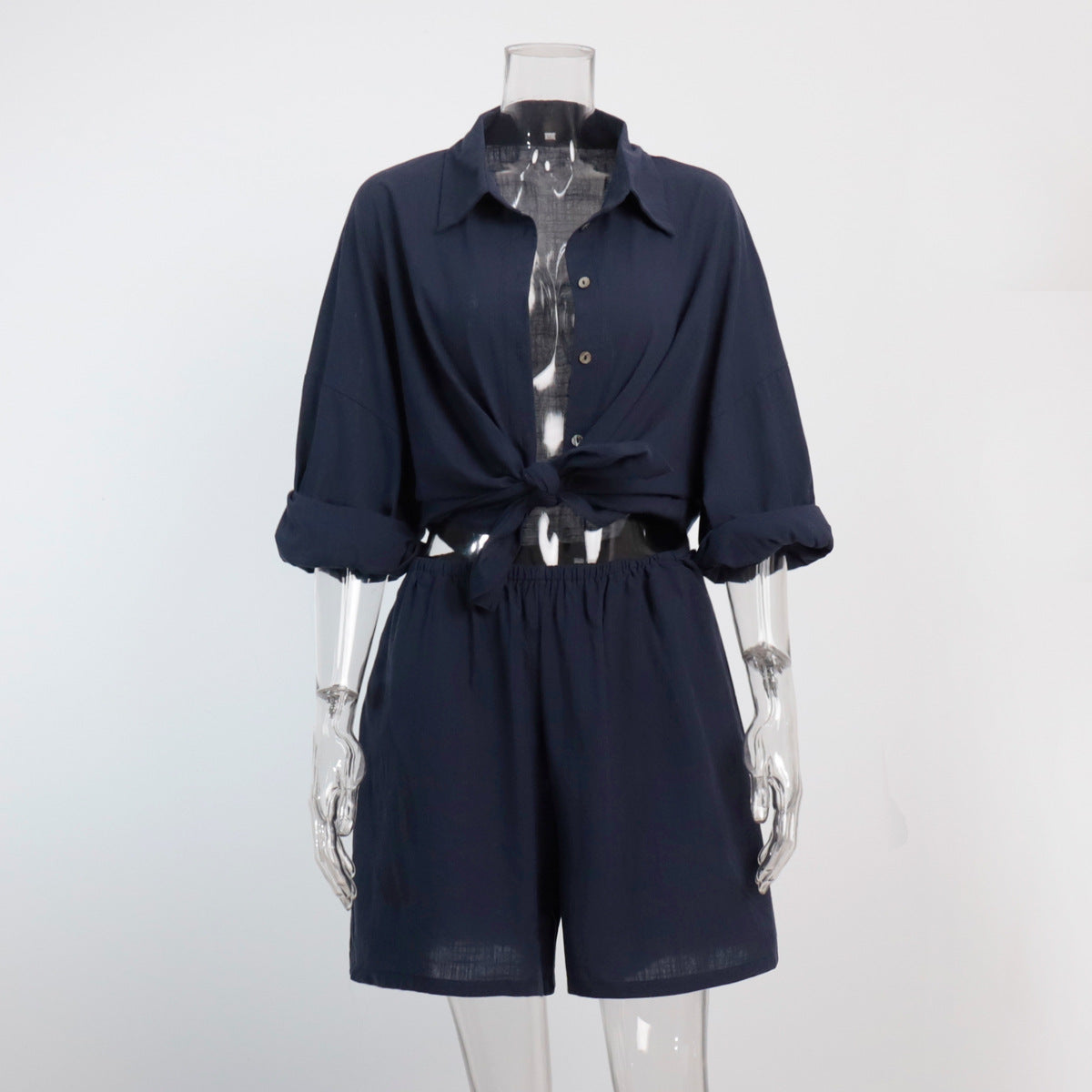 Shirt set European and American summer new women's vacation casual loose long-sleeved shirt + shorts set   suits