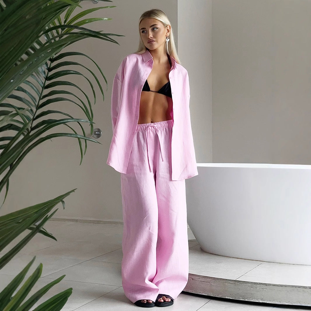 Pure cotton shirt trousers set European and American spring and summer new loose long-sleeved shirt casual suits women