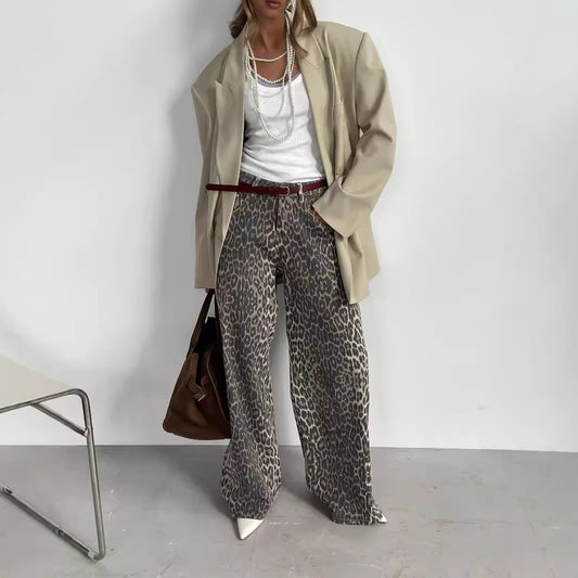 Cross-border leopard print wide-leg pants, European and American spring and summer new Y2K loose casual mopping leopard print wide-leg pants