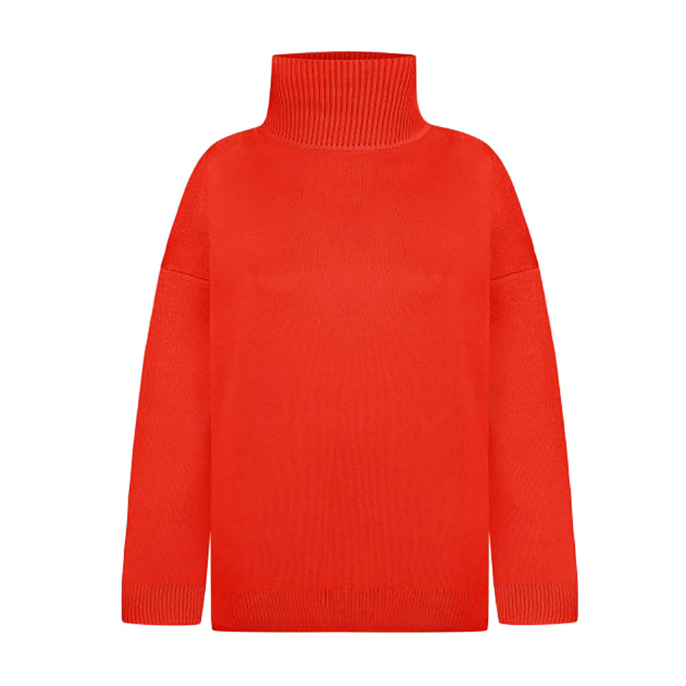 Cross-border turtleneck sweater women's autumn and winter new casual sweater European and American style split fork loose solid color knitted sweater