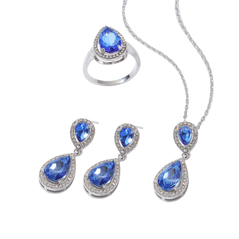European and American water drop women's accessories, colored treasures, zircon sets, necklaces, earrings, ring sets, jewelry wholesale, spot multi-color.