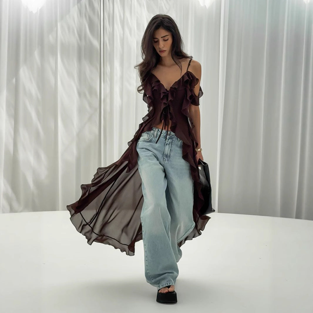 Xiecha sexy suspender dress, European and American summer new lotus leaf edge V-neck suspender dress for women