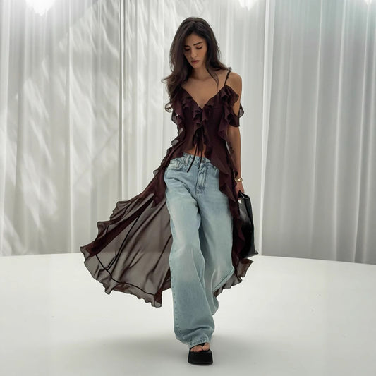 Xiecha sexy suspender dress, European and American summer new lotus leaf edge V-neck suspender dress for women