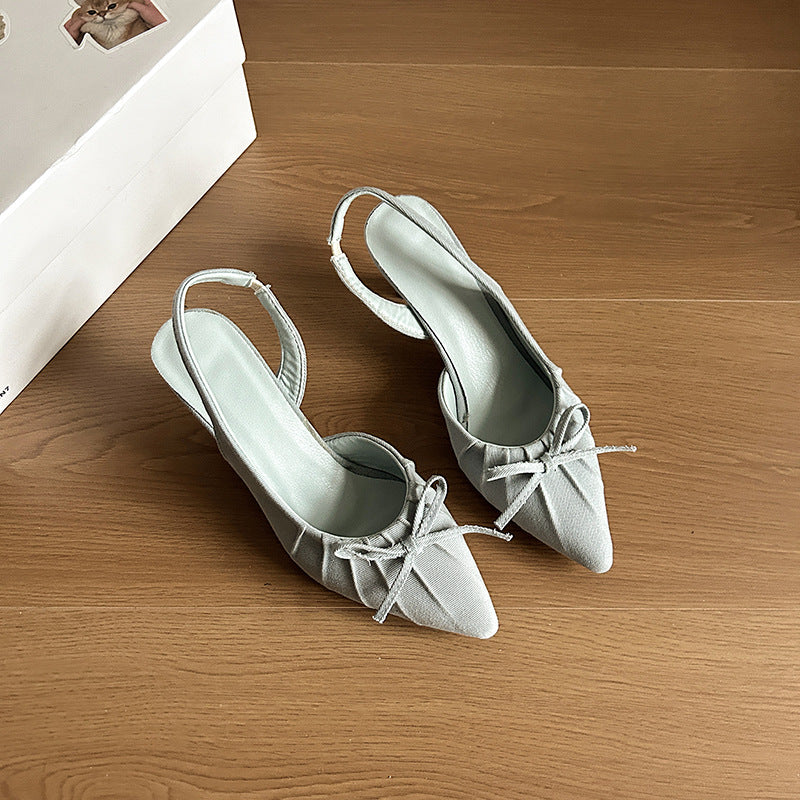 French temperament pointed head wrinkled  head empty sandals women's  spring new bow gentle high heel single shoes