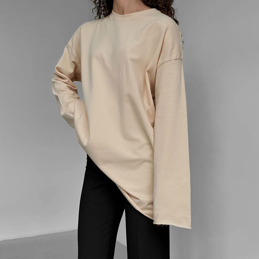 Pure cotton T-shirt women's European and American cross-border spring new loose solid color Oversize round neck long-sleeved t-shirts