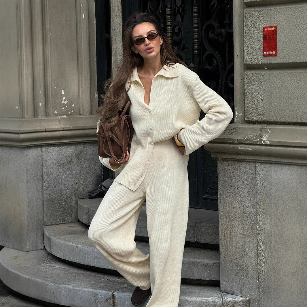 Lapel long-sleeved knitted set, European, American autumn and winter new temperament loose commuting pit strip sweater set  suits