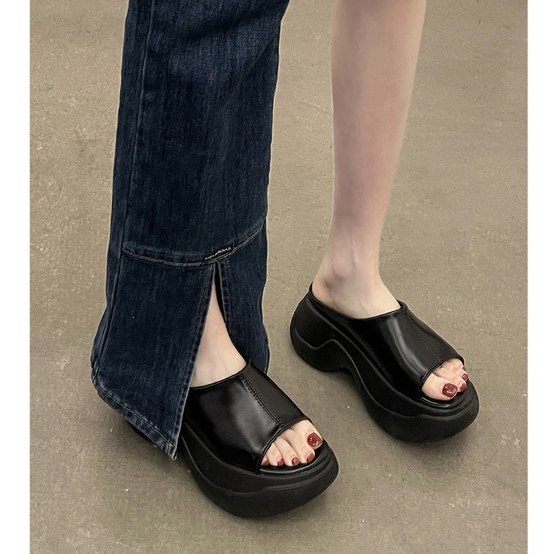 Internet celebrity explosion round head high heel one-word drag women wear  summer new heightening non-slip super soft cool slippers