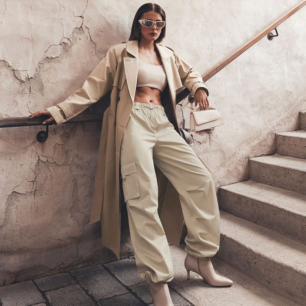 pant Overalls European and American spring and summer women's comfortable casual neutral wind drawstring large pocket wide-leg overalls  pant
