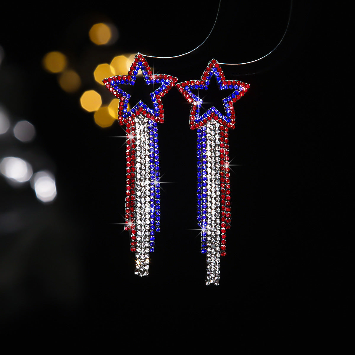Fashion splicing long fringed earrings for women, all-copper imported rhinestone pentagram ear jewelry