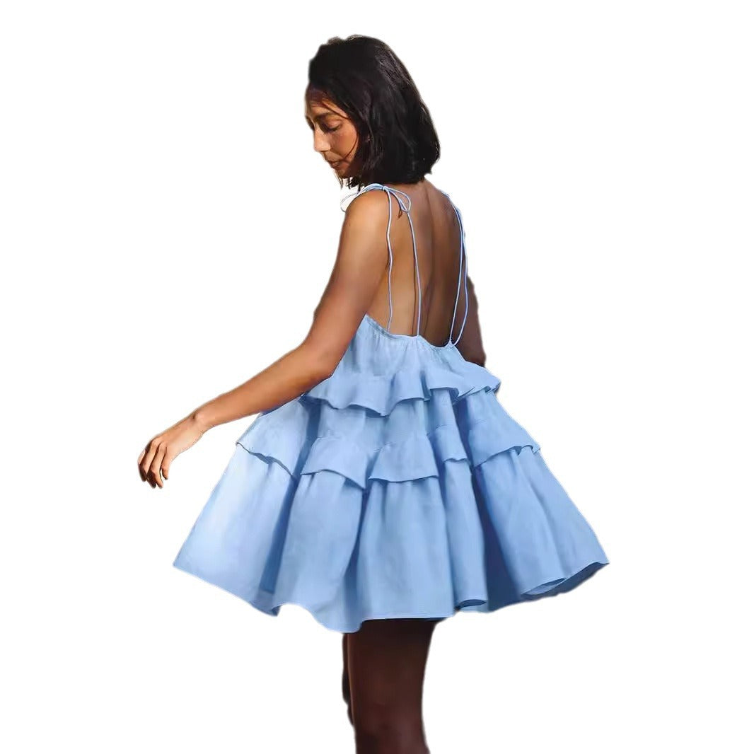 Suspender dress European and American summer multi-layer ruffle edge cake dress short backless suspender dress