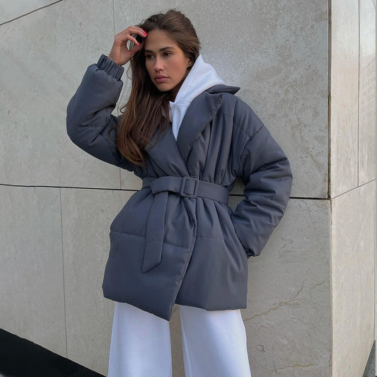 Lapel cotton clothes European and American winter new thickened and thin waist cotton clothes solid color belt cotton clothes jackets