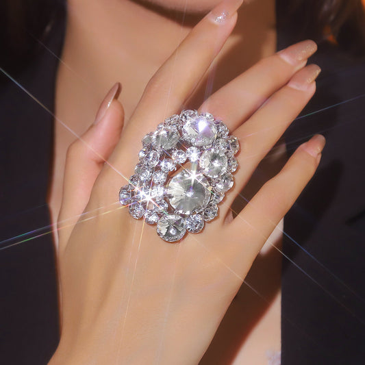 Europe, America, high-end gorgeous shiny crystal open ring women, geometric oval rhinestone ring ring rings