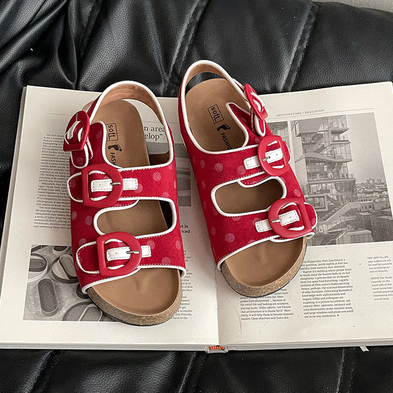 Polka dot platform Birkenstocks women's  new summer versatile and comfortable women wearing sandals with one foot and half drags  slippers