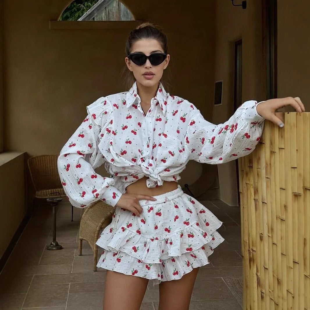 Cross-border cotton printed shorts set, European and American spring and summer ruffle edge long-sleeved shirt + shorts casual set  suits