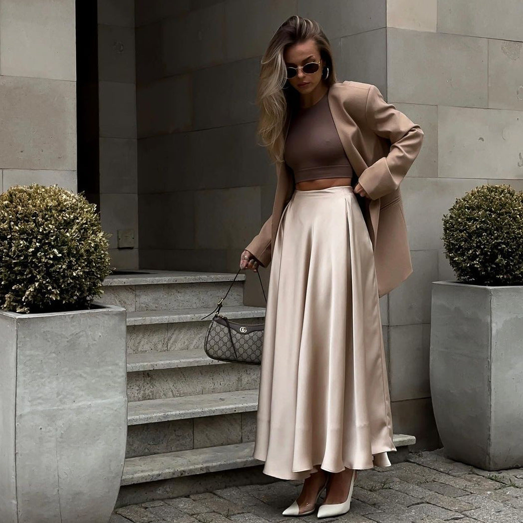 Bust skirt women's European and American summer new temperament elegant high waist satin satin satin long skirt  dress